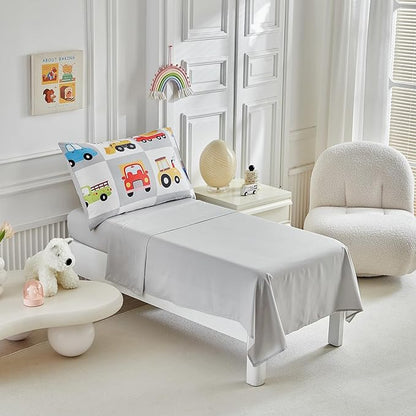 White Gray Toddler Bedding Set for Boys Girls Colorful Cars Vehicle Auto Fire Engine Bulldozer 4PC Toddler Bed Set - Soft Cute Toddler Plaid Patchwork Bed in a Bag with Sheet Set and Pillow Shams