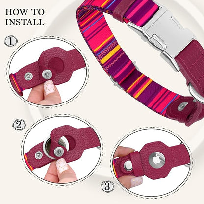 AirTag Dog Collar for Small Medium Large Breed - Adjustable Cute Pattern Dog Collar with Airtag Holder - Soft Leather Tracker GPS Apple Air Tag Pet Collars (X-Small, 9"-12" Neck Fit, Striped)