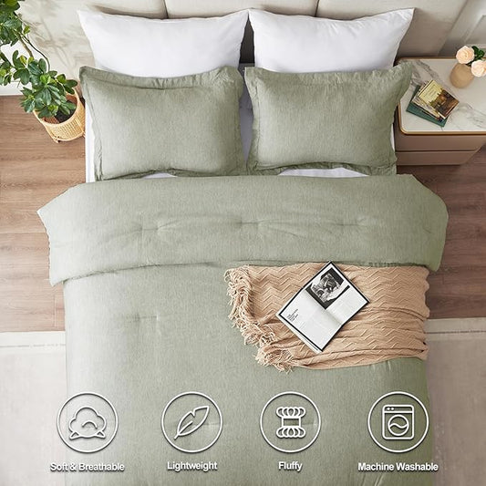 CozyLux King Size Comforter Set, 3 Pieces Olive Green Soft Luxury Cationic Dyeing Comforter King Size Bedding Set, Breathable Lightweight Bed Sets with 1 Down Alternative Comforter and 2 Pillow Shams