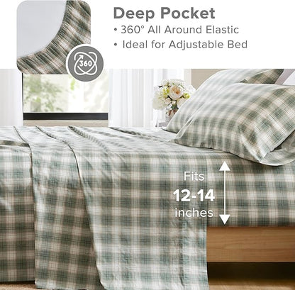 Comfort Spaces 100% Cotton Sheets Twin, Breathable, Naturally Cool Cotton Sheets, Soft Cotton Bed Sheets with 12" Elastic Pocket Fits up to 14" Mattress, All Seasons Sheet Set, Wesley Green 3 Piece