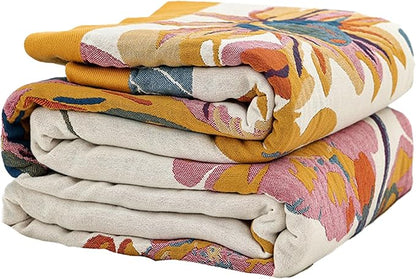 Boho Throw Blanket for Bed 90”x108”, 100% Cotton Woven Blanket for Couch Sofa, Ultra Soft 4-Layer Muslin Quilt with Vintage Floral Printed, Farmhouse Bed Blanket/Cover for Living Room Decor