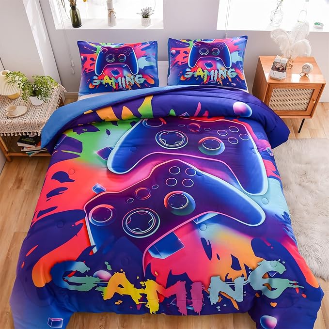 Aimuan Gamer Gaming Bedding Sets 3D Gamepad Comforter Sets for Boys Games Console Action Buttons Novelty Colorful Game Controller Modern Room Decor Home Quilt Set (Queen, Purple)