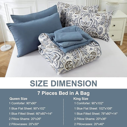 Drucon Blue Paisley Comforter Set King,7 Pieces Bed in a Bag Comforter Boho Paisley Pattern Bedding Set Soft Microfiber(1 Comforter,1 Flat Sheet, 1 Fitted Sheet,2 Pillowcases, 2 Pillow Shams)