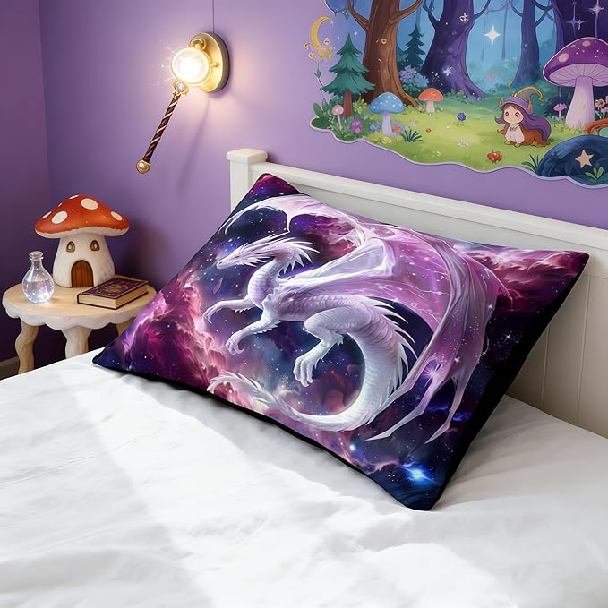 Pink White Dragon Comforter Set Twin Size Fantasy Castle Fairy Princess Bedding Set for Kids Boys Teens Women Decor 3D Animals Quilt Set