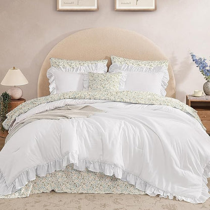 Queen Comforter Set - 7 Pieces Ruffle White Bedding Sets, Shabby Chic Farmhouse Bed in a Bag Queen with Ruffle Comforter, Floral Sheets, Pillowcases & Shams