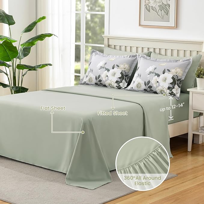 King Size Comforter Set - 7 Pieces Floral Comforter Set, Elegant Sage Green Flower Bed in a Bag King Soft Microfiber Bedding Set for All Seasons (Sage Green,104"x90")