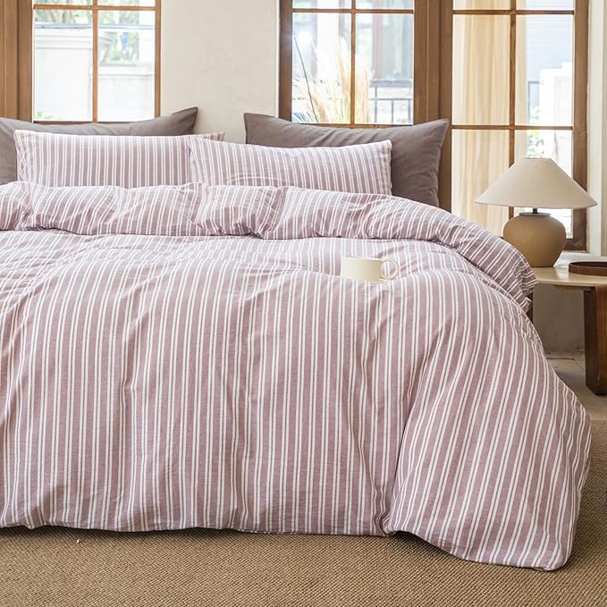Striped Duvet Cover Set 100% Washed Cotton Linen Like Soft Feelling Breathable Bedding(Dusty Purple,King)