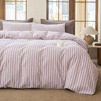Striped Duvet Cover Set 100% Washed Cotton Linen Like Soft Feelling Breathable Bedding(Dusty Purple,Full)