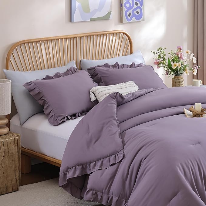 JANZAA Twin Comforter Set Grayish Purple Ruffle Comforter with 1 Pillowcase Soft Twin Size Bed Set Vintage Farmhouse Bed Comforter Set Fluffy Shabby Chic Bedding for All Season
