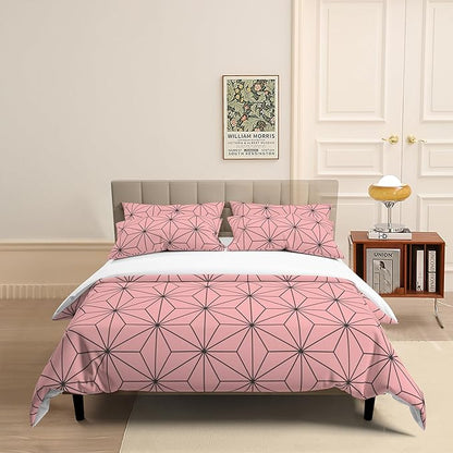 INFLAG Anime Bedding Set - Soft Brushed Microfiber 90x90 Inches Duvet Cover Set, 3 Piece, 1 Duvet Cover with Zipper Closure and 2 Pillow Shams (Queen,Pink)