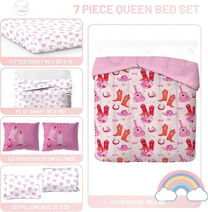 Jay Franco Kids Comforter Set Includes Sheets and Pillow Covers - Soft and Cozy Bed Set for Stylish Room Decor, Pink, Cowgirl Boots & Bows 7 Piece Queen Size Bedding
