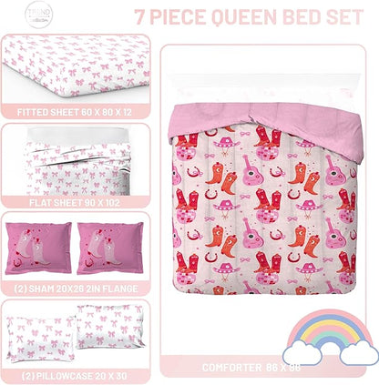 Jay Franco Kids Comforter Set Includes Sheets and Pillow Covers - Soft and Cozy Bed Set for Stylish Room Decor, Pink, Cowgirl Boots & Bows 7 Piece Queen Size Bedding