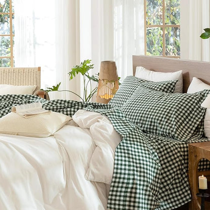 MooMee Gingham Sheet Set 100% Washed Cotton Linen Like Textured Breathable Soft w/Fully Elasticized 16-19" Deep Pocket (Classic Gingham Forest Green, King)