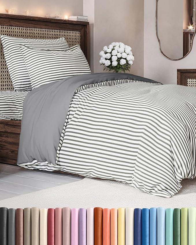 Duvet Cover Twin/Twin XL Size Set - Extra Soft Twin/Twin XL Duvet Cover 68" x 90" with 1 Pillow Sham - Hotel Luxury, Easy Care, Fade Free w/ Zipper Closures & Ties - Comfy & Breathable (Grey Stripes)