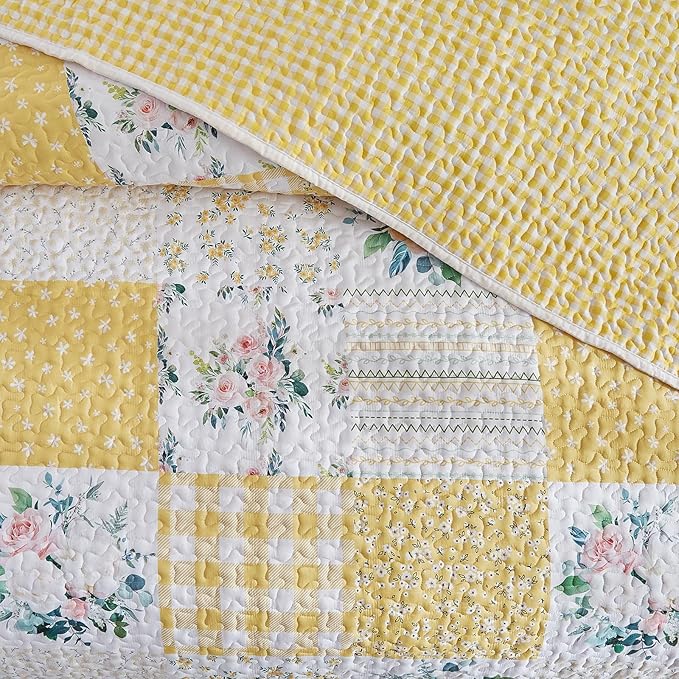 Joyreap 3 Pieces Patchwork Quilt Set California King, 102x114 inches- Yellow n White Flowers Design, Smooth Soft Microfiber Quilt, Bedspread Bed Cover for All Season