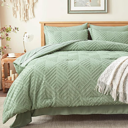 Zzlpp King Comforter Set 7 Pieces, Sage Green Tufted Bed in a Bag with Comforter and Sheets, All Season Boho Bedding Sets with 1 Comforter, 2 Pillow Shams, 2 Pillowcases, 1 Flat Sheet, 1 Fitted Sheet