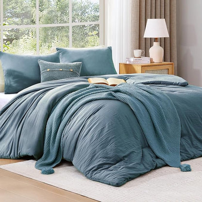 WRENSONGE Full Size Comforter Sets - 3 Pieces Oxford Blue Comforter Prewashed Soft Lightweight for All Seasons, Fluffy Down Alternative Comforter Full Size with 2 Pillow Shams