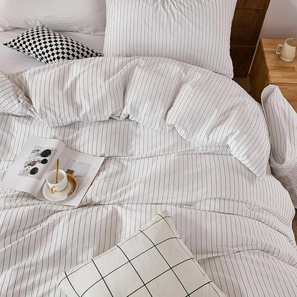 Merryword 100% Cotton Duvet Cover Set Queen Size, Black Pinstripe Duvet Cover Set with Zipper Closure & 8 Corner Ties, Soft Lightweight Comforter Cover, Luxury Linen Like Bedding for All Seasons