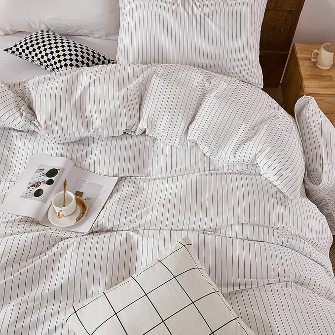 Merryword 100% Cotton Duvet Cover Set King Size, Black Pinstripe Duvet Cover Set with Zipper Closure & 8 Corner Ties, Soft Lightweight Comforter Cover, Luxury Linen Like Bedding for All Seasons
