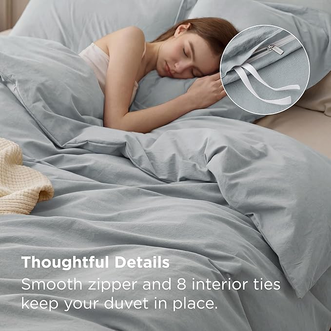 Bedsure 100% Washed Cotton Duvet Cover King Size - Pastel Blue Minimalist Bedding Set Linen Like - PureWoven Plain Simple & Soft Comforter Cover for All Seasons (Pastel Blue, King, 104"x90")