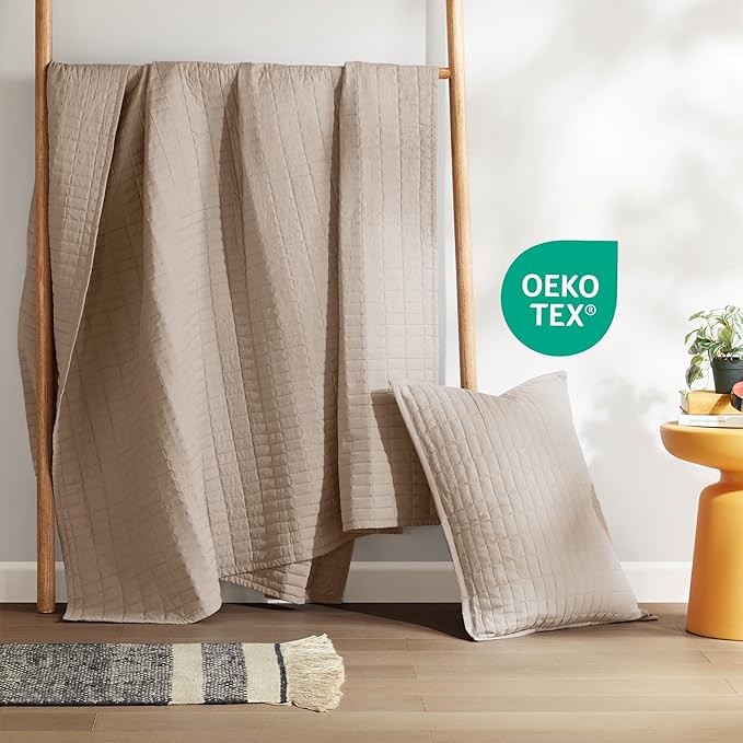 Comfort Spaces Kienna Quilt Set- Double Sided Stitching Design Summer Blanket, Lightweight, Soft, All Season Bedding Layer, Matching Sham, Taupe, Coverlet Twin/Twin XL(66"x90") 2 Piece