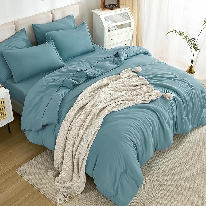 Litanika California King Comforter Set Grayish Teal - 7 Pieces Bed in a Bag Cal King Bedding Comforter Sets, Plain Lightweight Bed Set with Comforter, Sheets, Pillowcases & Shams
