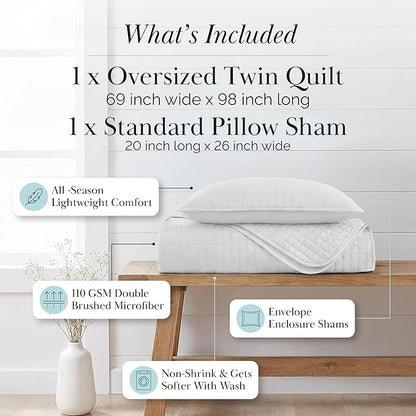 Southshore Fine Living, Inc. XL Twin Quilt Set, Microfiber Quilted Bedspread, White Bedding Twin Coverlet w/Pillow Sham, Pet Hair Resistant Bedding Coverlet Set, Quilted Comforter, Bright White Quilt