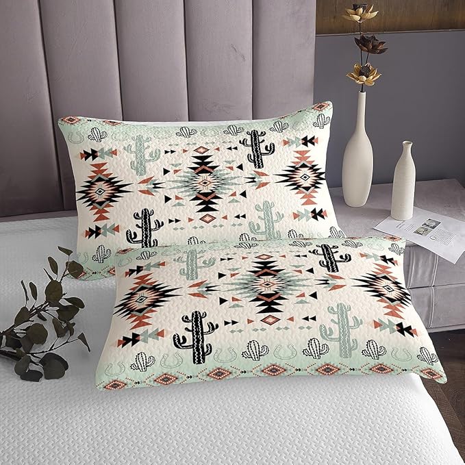 Manfei Geometric Aztec Kid Bedspread Twin Size,Horseshoe Cactus Western Cowboy Coverlet Set,Boys Girls Room Decor,Southwest Rustic Lodge Quilted Coverlet,Farmhouse Vintage Bedding Quilt,1 Pillowcase