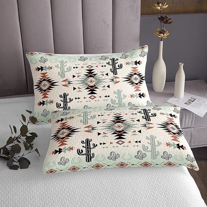 Geometric Aztec Kid Bedspread Queen Size,Horseshoe Cactus Western Cowboy Coverlet Set,Boys Girls Room Decor,Southwest Rustic Lodge Quilted Coverlet,Farmhouse Vintage Bedding Quilt,2 Pillowcases