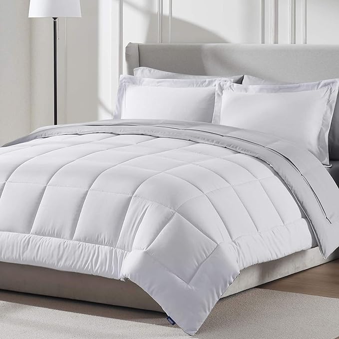 Nestl 7 Piece Full Comforter Set – White Reversible Bed in a Bag – Complete Full Size Bedding Set with Sheets, Pillowcases and Shams