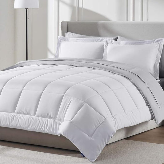 Nestl 7 Piece California King Comforter Set – White Reversible Bed in a Bag – Complete Cal King Size Bedding Set with Sheets, Pillowcases and Shams
