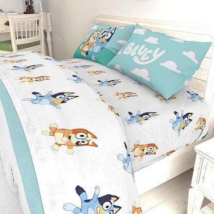 Jay Franco Kids Sheet Set with Fitted, Flat Sheets & Pillow Cover - Ultra-Soft Bedding with Pillowcase for Room Decor, White - Bluey, 4 Piece Full