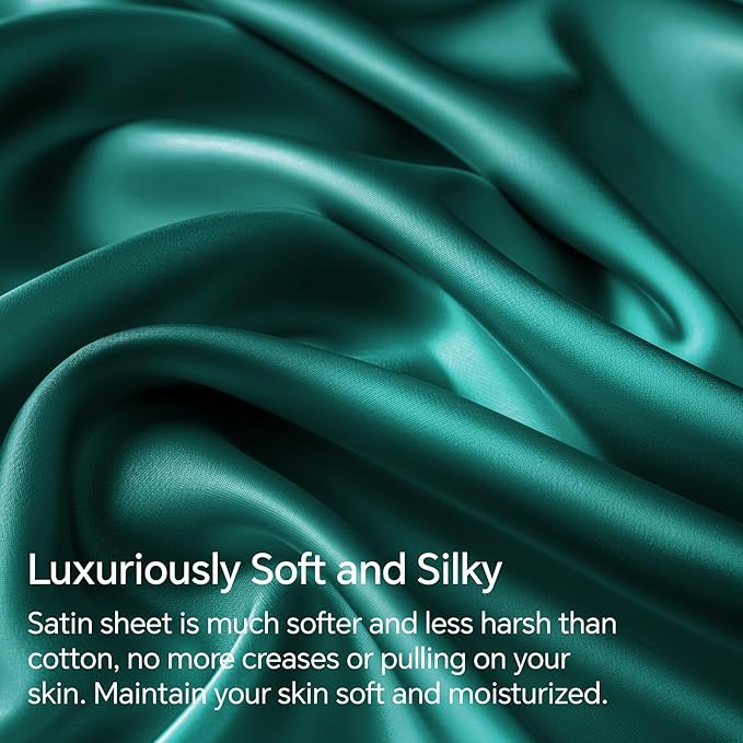 BEDELITE California King Sheets Set, Luxury Soft Teal Satin Sheets for Hair and Skin, Similar to Silk Bed Sheets Set 4 Pieces with 1 Deep Pocket Fitted Sheet, 1 Flat Sheet, and 2 Pillowcases