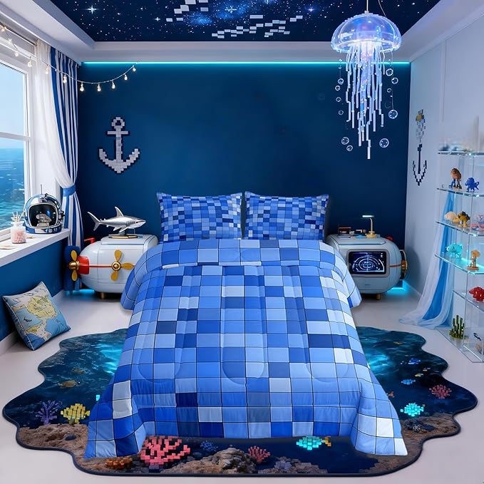 Pixel Grid Miners Comforter Set King Size,Video Games Plaid Lattice Kids Bedding Set,Geometric Check Quilt Comforter,Light Blue Duvet Insert,2 Pillowcases