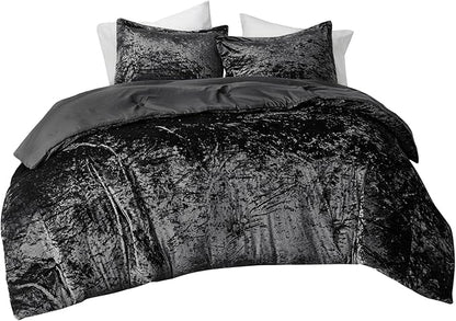 Comfort Spaces Juliette Luxe Comforter Set Velvet Lush with Soft Brushed Microfiber Reverse, All Season Cozy Velvet Bedding Sets, Fluffy Comforter Bed Set, Matching Sham, Black Full/Queen 3 Piece