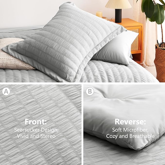 CozyLux Oversized King Comforter Set Light Grey Seersucker 7 Pieces 120x98 Bed in a Bag Comforter Set with Sheets, Light Gray Luxury Bedding Set Down Alternative Comforter, Sheets, Pillowcases & Shams