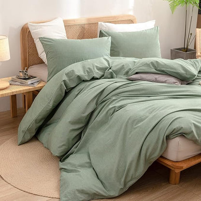 BESTOUCH Duvet Cover Set 100% Washed Cotton Linen Feel Super Soft Comfortable Chic Lightweight 3 PCs Home Bedding Set Solid Green King