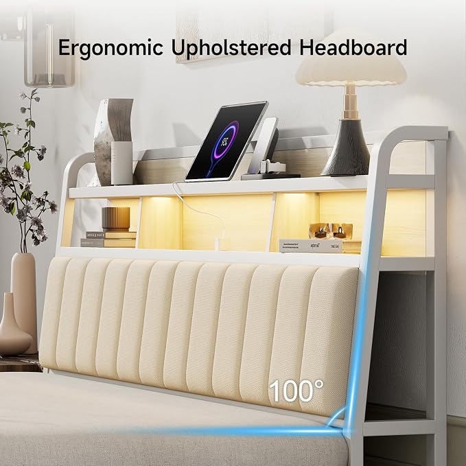 King Headboard Only with Storage, Upholstered Headboards for King Size Bed with LED Light, Charging Station, Height Adjustable, Sturdy and Stable Headboard, Off White