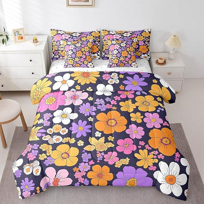 Castle Fairy Watercolor Flowers 7 Pieces Bedding Set King Bed in a Bag,Groovy Daisy 70s 80s Hippie Style Comforter Set,Purple Orange Flowers Rustic Style Soft Warm Microfiber Bedding