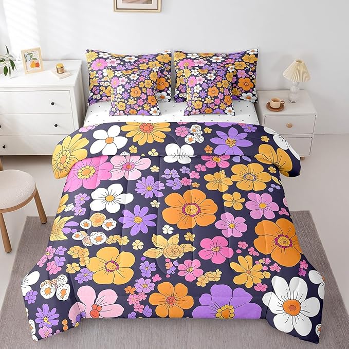 Castle Fairy Watercolor Flowers 7 Pieces Bedding Set Twin Bed in a Bag,Groovy Daisy 70s 80s Hippie Style Comforter Set,Purple Orange Flowers Rustic Style Soft Warm Microfiber Bedding