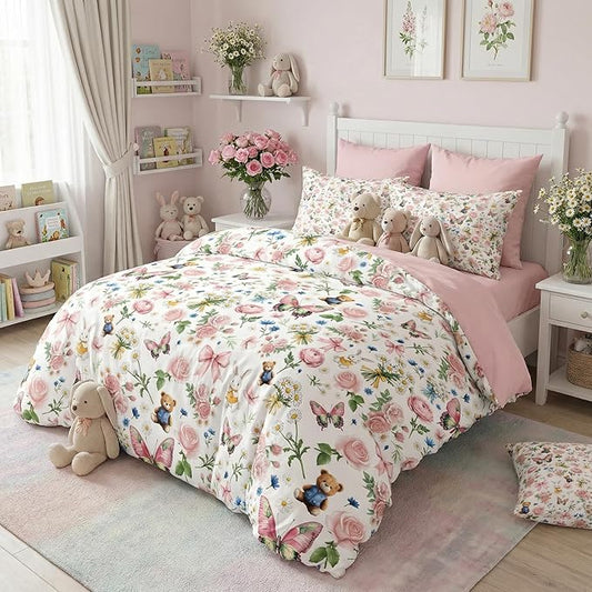 Full Size Pink Botanical Floral Comforter Set for Girls, 3Pcs Pink Bow Butterfly Bedding for Priness Girly Bedroom Decor, Cute Rabbit Bear Comforter Set with 2 Pillowcases, 79"x90"