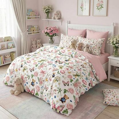 Pink Floral Queen Bed in A Bag for Girls, 5Pcs Pink Bow Comforter Set, Cute Priness Butterfly Bedding Set, 1 Comforter (90"x90")+ 2 Pillowcases + 1 Fitted Sheet + 1 Flat Sheet