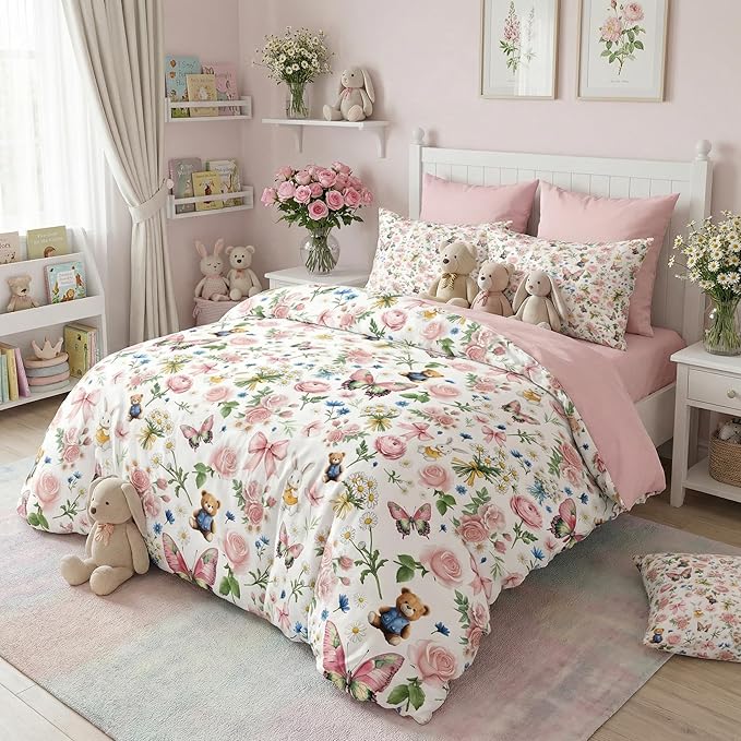 5Pcs Pink Bow Comforter Set Full Size, Pink Floral Bed in a Bag for Girls, Priness Butterfly Bedding Set for Girly Bedroom Decor, 1 Comforter & 2 Pillowcases, 79"x90"