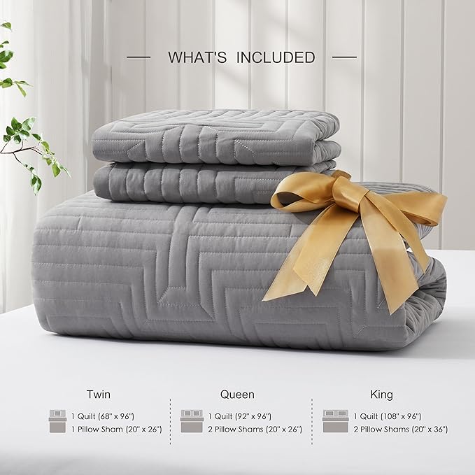 Oli Anderson King Quilt Set, Grey Lightweight Soft Bedspread Coverlet, Basket Weave Pattern Bedding, 3PCS Modern Geometric Stitching Textured Comforter Sets (1 Quilt and 2 Pillow Shams)