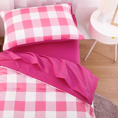 Wake In Cloud - Gingham Toddler Bedding Set for Girls Boys, Cute Plaid Buffalo Check, 4 Pieces Soft Crib Bed Set Including Comforter, Sheets and Pillowcase, Hot Pink
