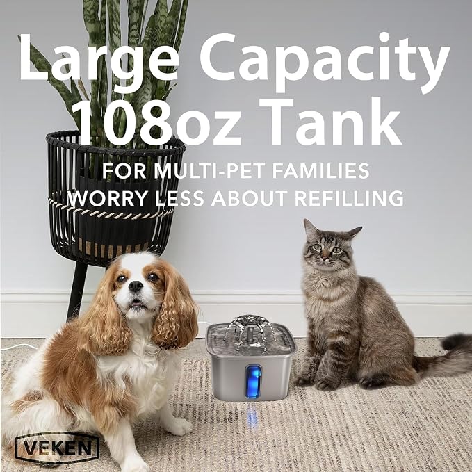 Veken Innovation Award Winner Stainless Steel Cat Water Fountain, 108oz | Automatic Pet Fountain Dog Water Dispenser with 6 Replacement Filters & Silicone Mat for Cats, Dogs, Multiple Pets (Silver)