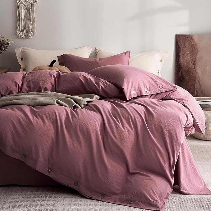 JELLYMONI 100% Washed Cotton Duvet Cover King – Soft, Breathable Linen-Look Bedding with Natural Wrinkle Texture, Button Closure, 3-Piece Set (Deep Rose, 104"x90")