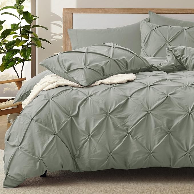 VACVELT 5 Piece Pinch Pleated Duvet Cover Full/Queen Size Set, Light Gray Pintuck Duvet Cover with Zipper & 8 Ties, Shabby Chic Microfiber + 2 Pillow Shams + 2 Pillowcases, No Comforter