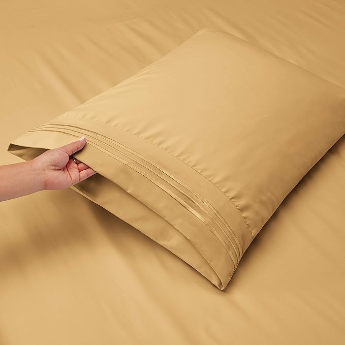 Clara Clark Flex Top King Sheets, 6 Piece Set - Hotel Luxury Sheets for Top Split King Bed, Super Soft Bedding Set, Head Split King Camel Gold