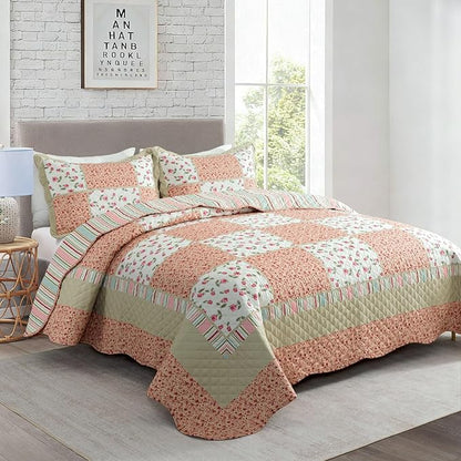 Travan 3-Piece Quilt Set Quilted Bedspread Lightweight Coverlet Set Patchwork Floral Oversized Reversible Soft Quilted Bedding Coverlet Set for All Seasons, Queen Size